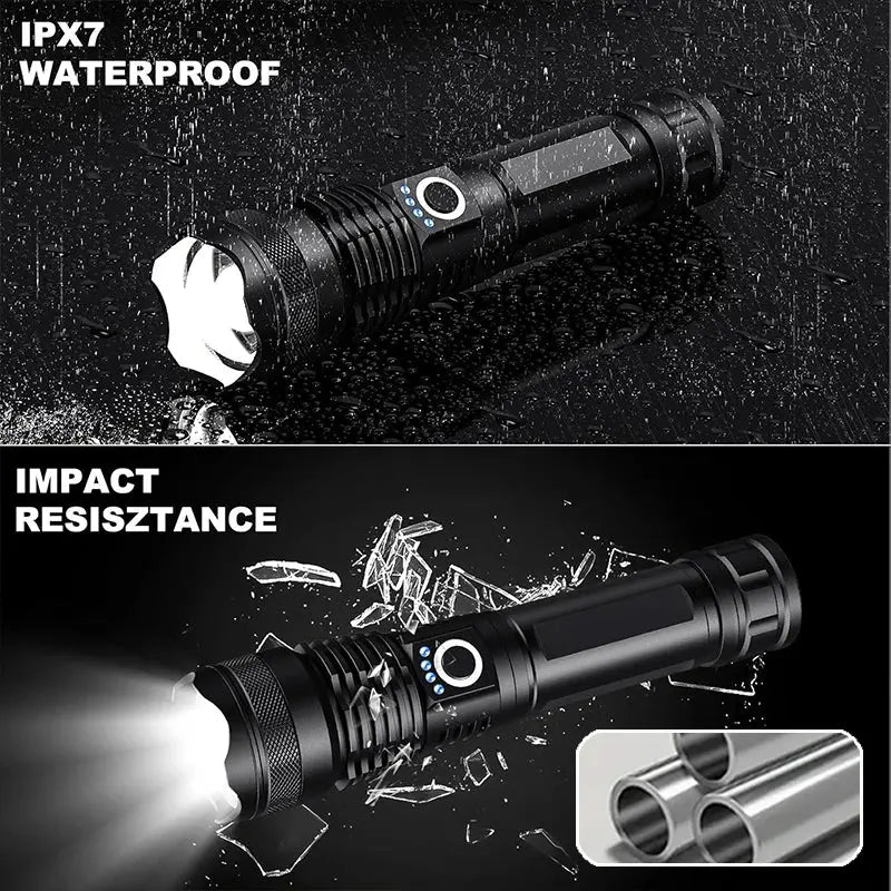 High Power Rechargeable LED Tactical Flashlight  Aluminum Alloy Telescopic Zoom Torch Lamp for Outdoor Camping Fishing Survivall