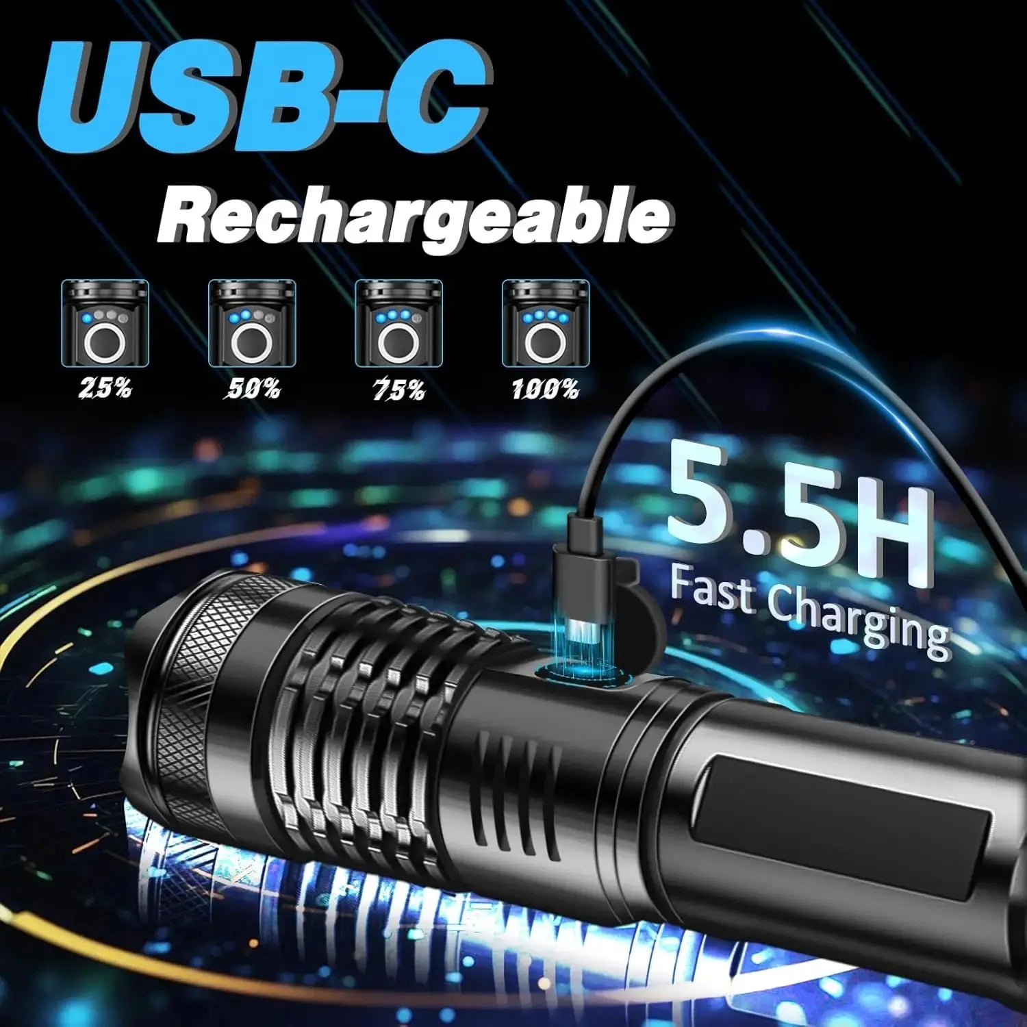 High Power Rechargeable LED Tactical Flashlight  Aluminum Alloy Telescopic Zoom Torch Lamp for Outdoor Camping Fishing Survivall
